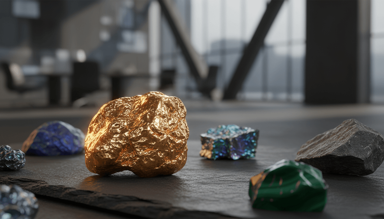 Polished precious metals and strategic minerals on display with professional lighting