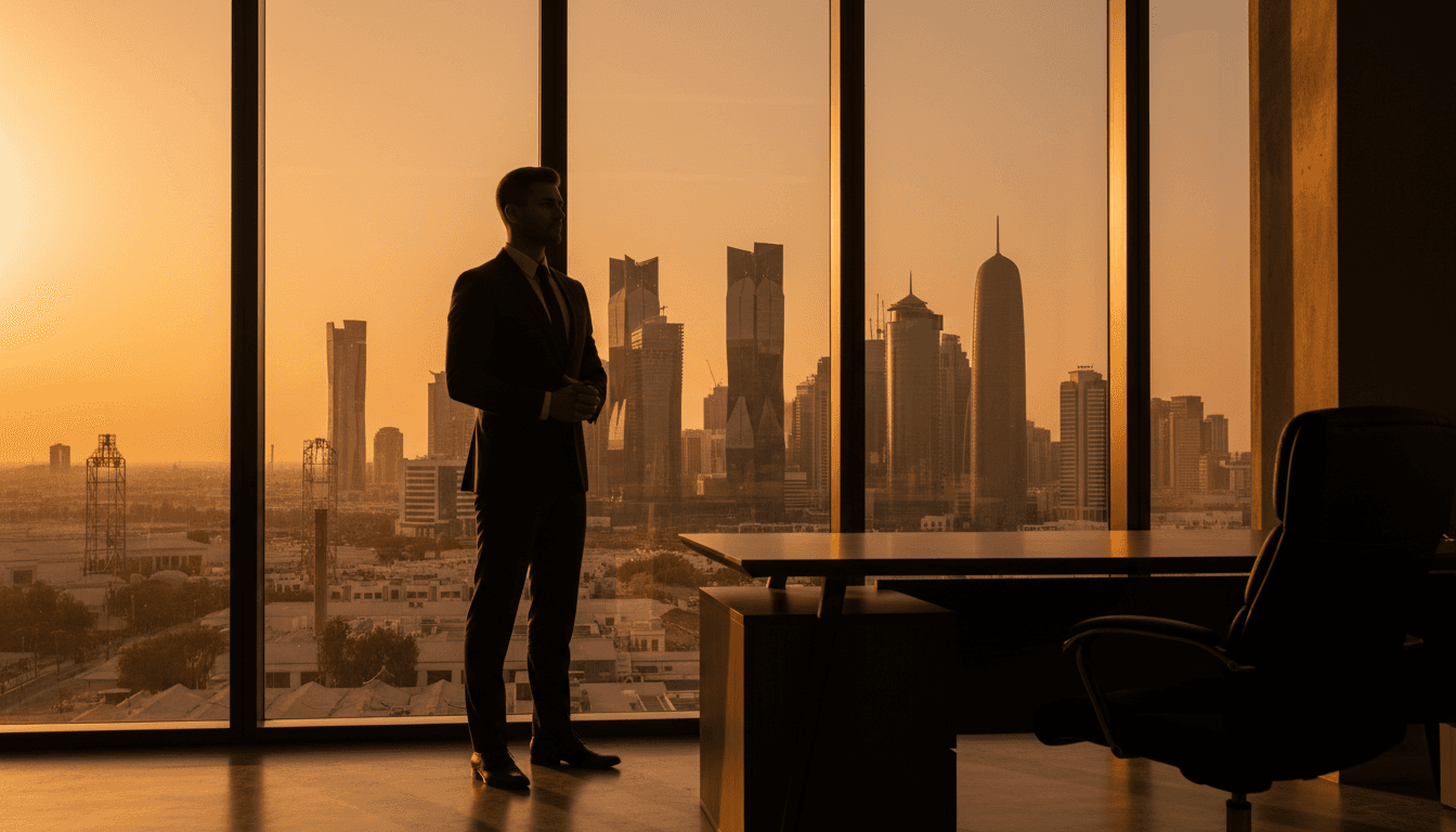 Professional standing at a modern office window overlooking Doha's business skyline at sunset