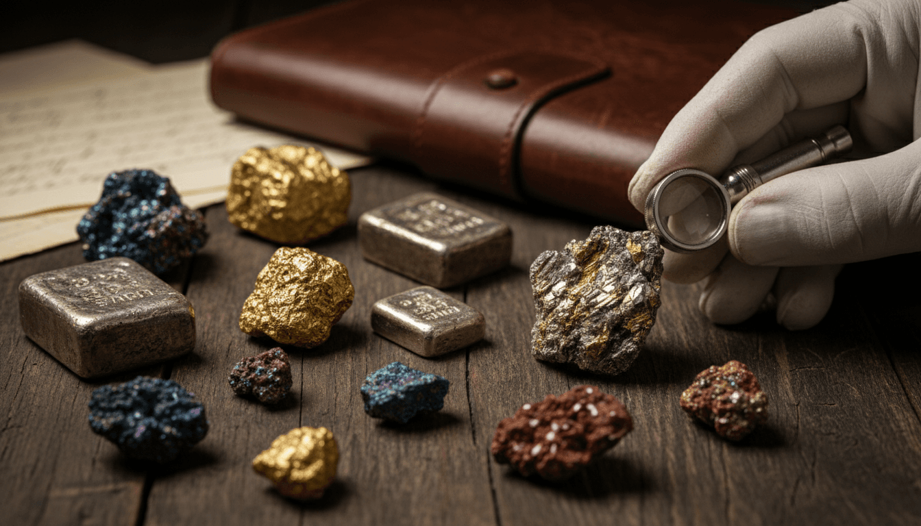 Close-up of precious metals and mineral specimens being examined