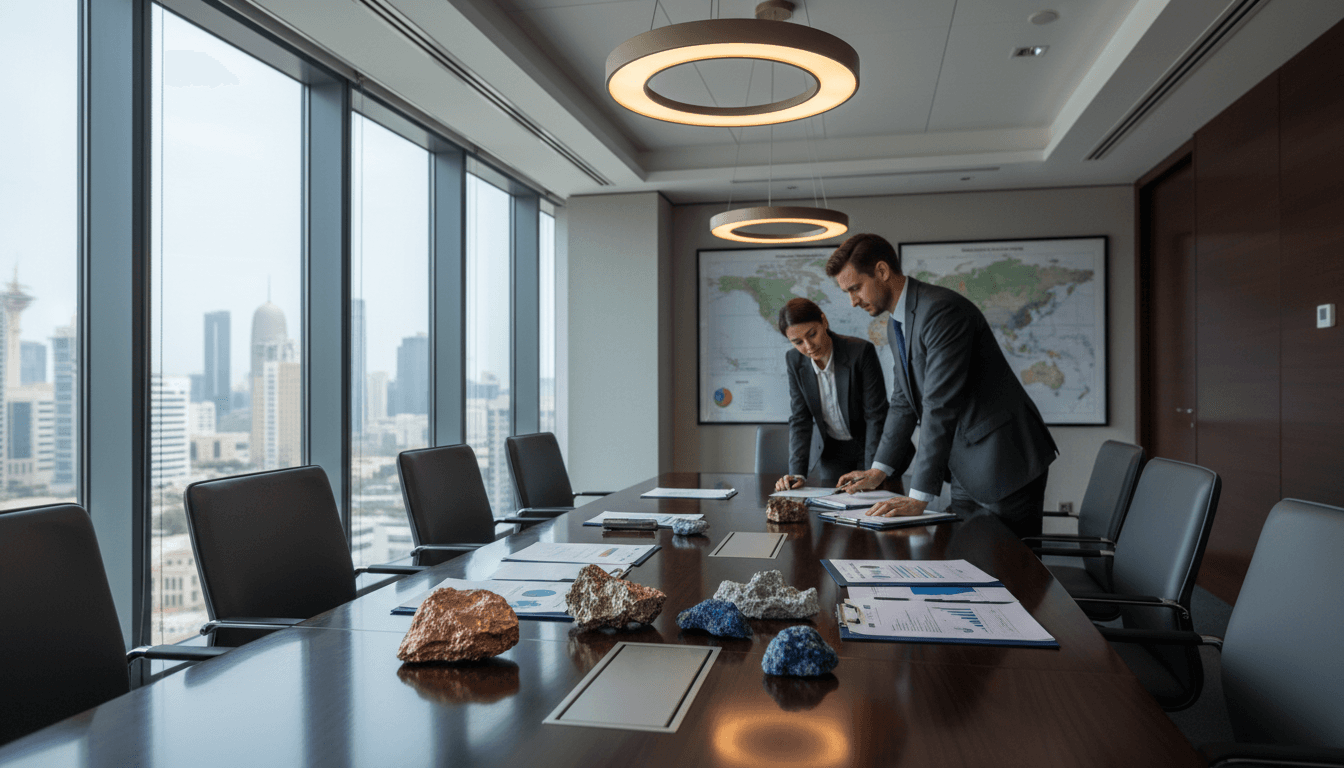 Professional meeting with mineral samples and trading documents