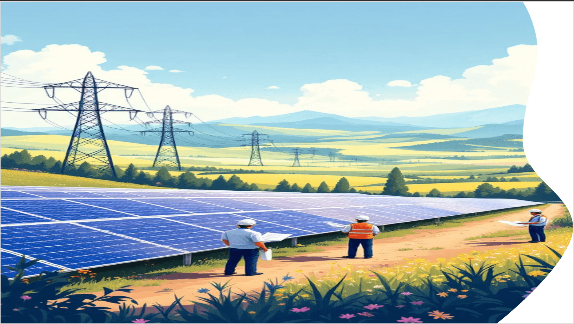 Engineers inspecting solar panels in a vast field with power lines and rolling green hills.
