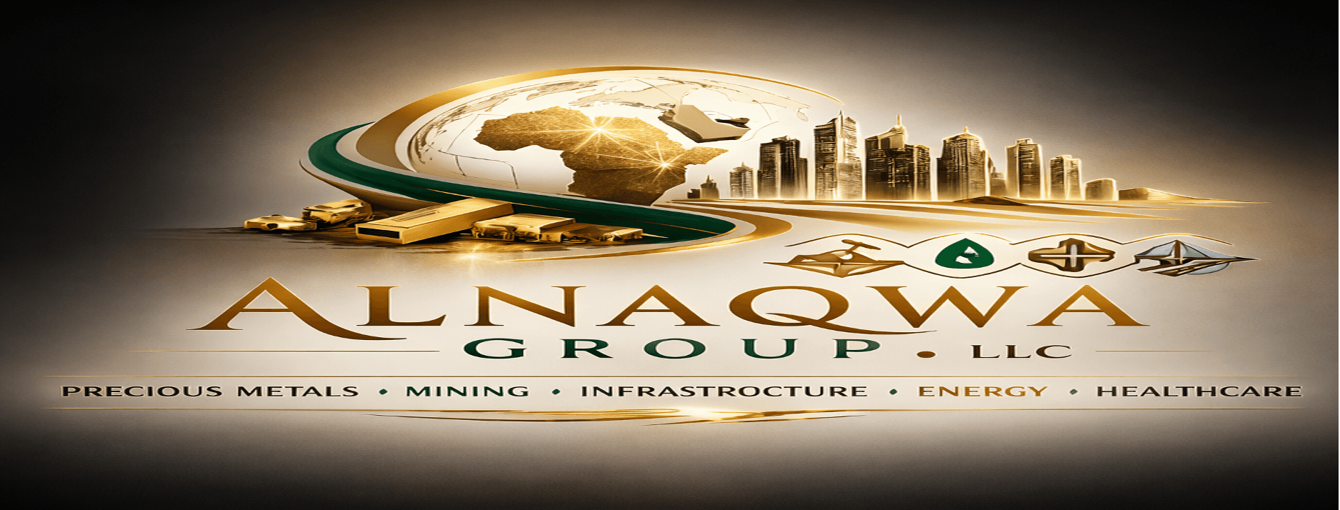 ALNAQWA GROUP LLC logo featuring a golden globe, city skyline, gold bars, and industry icons.
