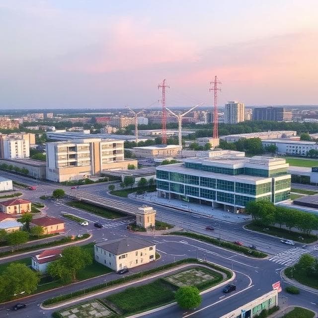 Aerial view of urban landscape with modern glass buildings and construction cranes at sunset.
